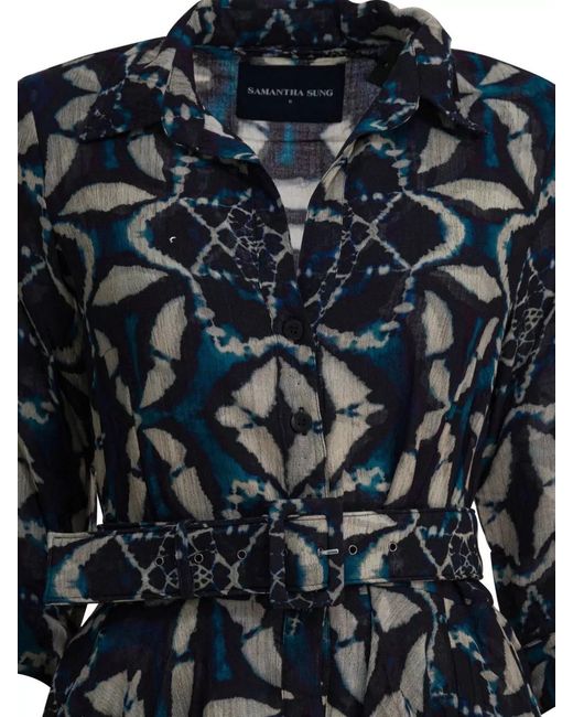 Samantha Sung Multicolor Dress 3/4 Sleeves Belted Waist Geometric Pattern