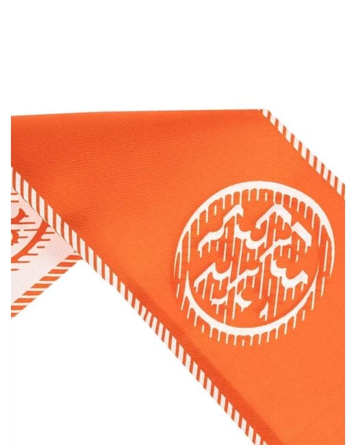 Tory Burch Orange Medallion Logo Silk Ribbon Tie Scarf