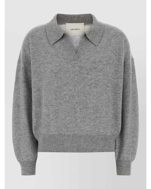 Lisa Yang Gray Cashmere Relaxed-Fit Polo Sweater