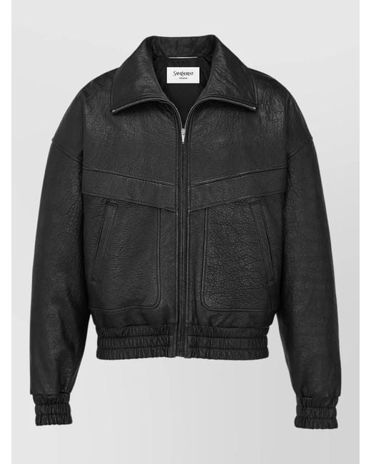Saint Laurent Black Lambskin Jacket Textured Stand Collar for men