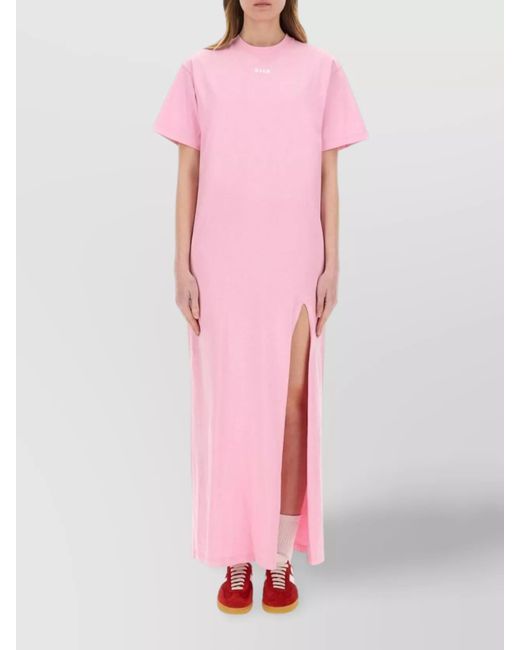 MSGM Pink Crew Neck Long Dress With Side Slit