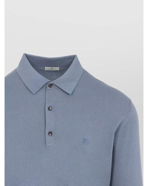 Etro Blue Knitted Long Sleeve Cotton Polo Shirt for men