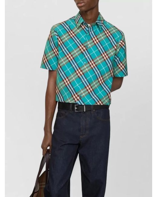 Burberry Blue Check Short-Sleeve Cotton Shirt for men