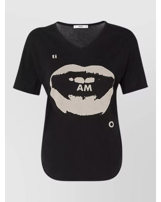 Fendi Black V Neck Graphic Top Curved Hem