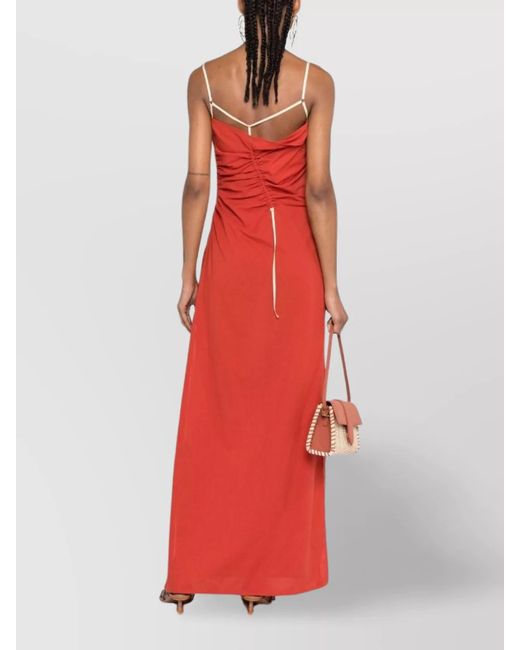 Jacquemus Cotton Draped Gathered Square Neck Spaghetti Strap Ankle-Length Dress
