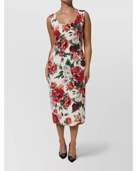 Dolce & Gabbana Red Floral Viscose Sheath Dress Midi Length