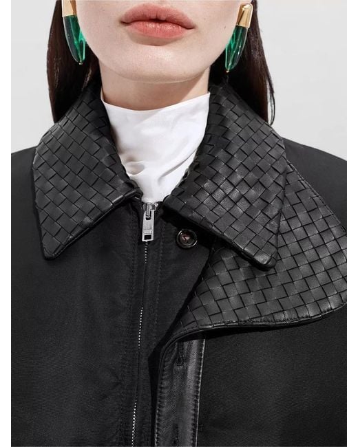 Bottega Veneta Black Nylon Bomber Jacket Leather Collar Detailing