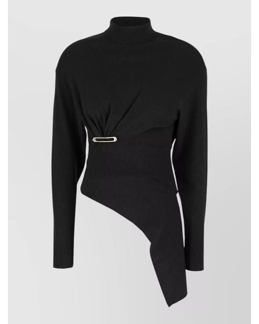 Lanvin Black Wool Blend Sweater Asymmetric Design Mock Neck