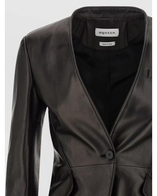 McQueen Black Nappa Blazer Tailored Peplum Buttoned Cuffs