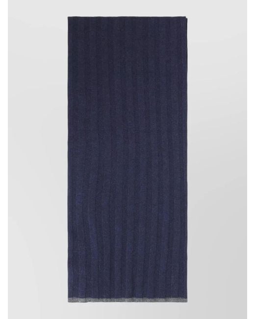 Brunello Cucinelli Blue Cashmere Scarf Lightweight Ribbed Knit Trim for men