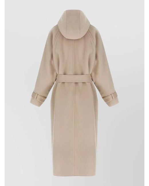 Pinko Natural Long Hooded Coat Belted Waist Raglan Sleeves