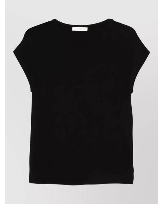 Zanone Black Cotton Crepe Blouse Cap Sleeves Crew Neck
