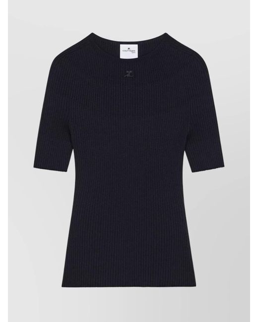 Courreges Blue Ribbed Texture Crewneck Knitwear With Short Sleeves