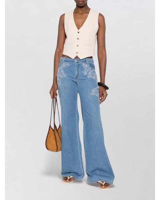 ERMANNO FIRENZE Blue Floral Embroidery Wide Leg Denim Trousers