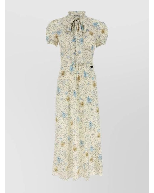 Miu Miu White Silk Floral Print Tie Neck Belted Midi Dress