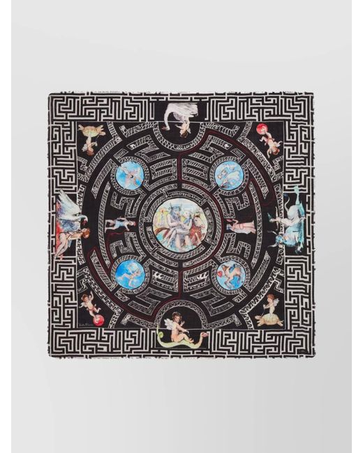 Faliero Sarti Gray Square Scarf With Intricate Print And Frayed Edges