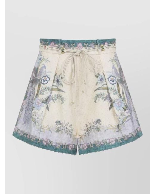 Zimmermann Blue Linen Floral-Print High-Rise Pleated Shorts