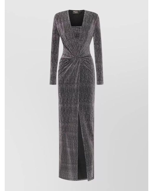 SIMONA CORSELLINI Gray Dress Front Slit Long Sleeves Metallic Ruched Square Neckline