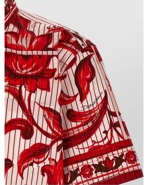 Dolce & Gabbana Red Maiolica Shirt Button Down Collar Floral Stripes for men