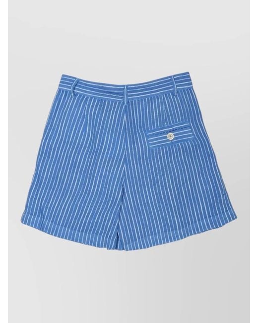 120% Lino Blue Bermuda Shorts Striped Pattern Belt Loops Pocket