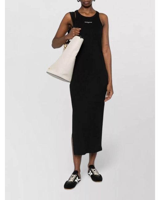 Maison Kitsuné Black Logo Ribbed Dress Sleeveless Round Neck Slits