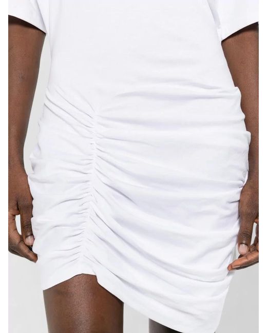 Balmain White Knee Length Dress Round Neckline Ruched Hem