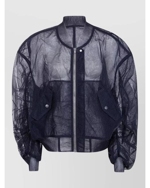 Rick Owens Blue Ribbed Trim Gathered Single-Breasted Coat