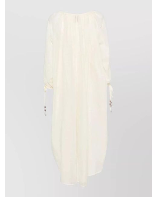 120% Lino White Long Linen Cotton Dress Sheer Sleeves