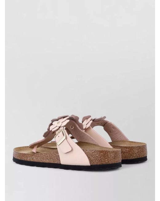 Birkenstock Pink Leather Thong Sandals Floral Appliqués Lightweight Sole