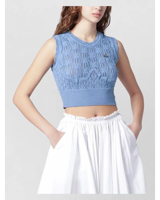 Vivienne Westwood Blue Sleeveless Cropped Top Textured Knit Ribbed Hem