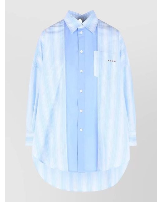 Marni Blue Cotton Poplin Longline Striped Shirt Pocket