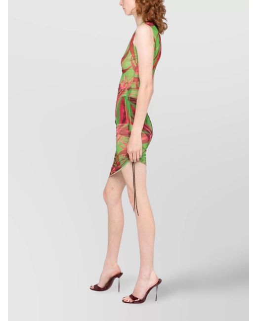 Louisa Ballou White Ruched Sleeveless Printed Mini Dress
