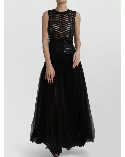 Dolce & Gabbana Black Sequined Sleeveless Mesh Layered Gown Dress