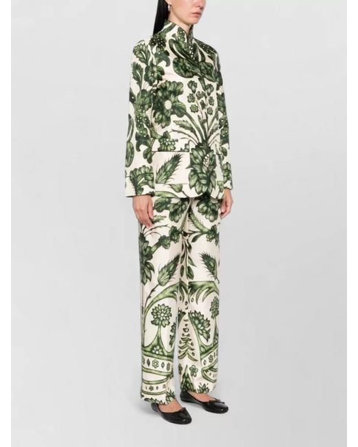 F.R.S For Restless Sleepers Green Silk Shirt Floral Pattern Front Pockets