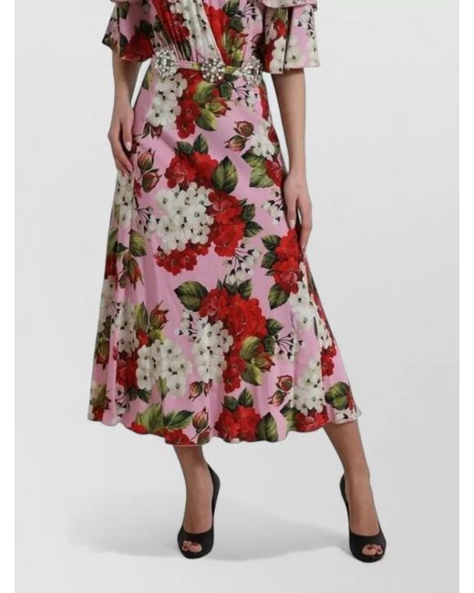 Dolce & Gabbana Red Silk Floral-Print Crystal-Embellished Short-Sleeve V-Neck Midi Dress