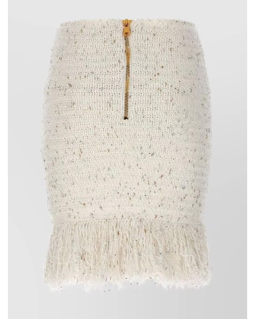 Balmain Natural Fringed Tweed Fitted Skirt