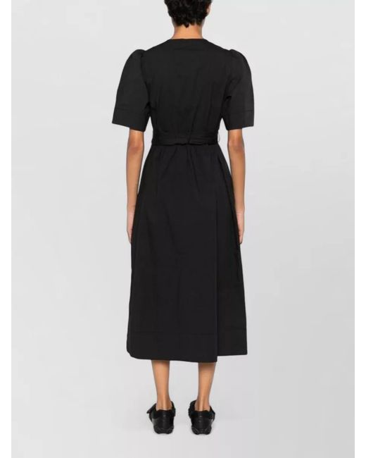Ganni Black Organic Cotton Midi Dress Puff Sleeves Bow