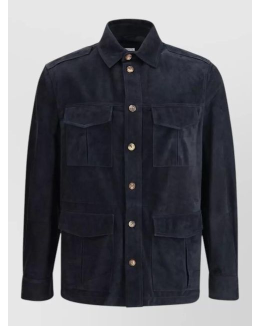 Brunello Cucinelli Blue Suede Leather Shirt Jacket for men