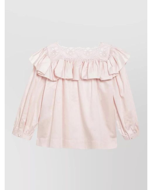 Chloé Pink Top Embroidered Neckline Long Sleeves Ruffled