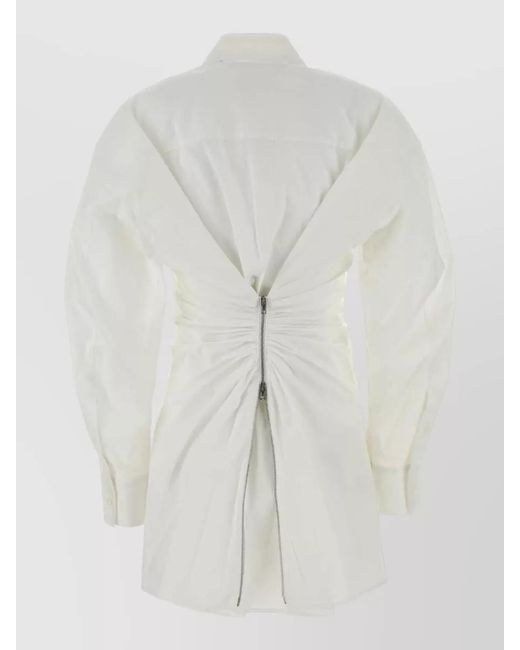 Alexander Wang White Stretch Poplin Shirt Dress Long Sleeves Ruching
