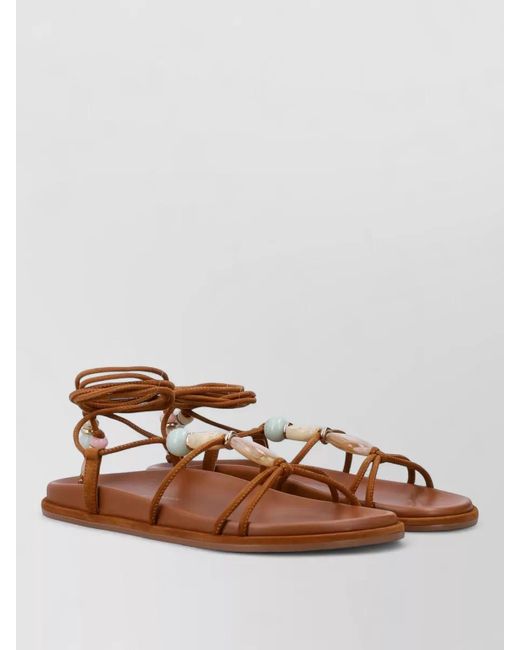 Stuart Weitzman Brown Majorca Flat Beaded Ankle Wrap Sandal