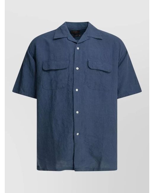 Beams Plus Blue Linen Short Sleeve Shirt Chest Pockets for men