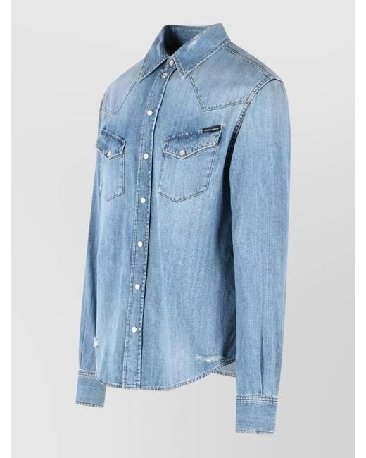 Dolce & Gabbana Blue Cotton Shirt Long Sleeves Western Yoke Pockets for men