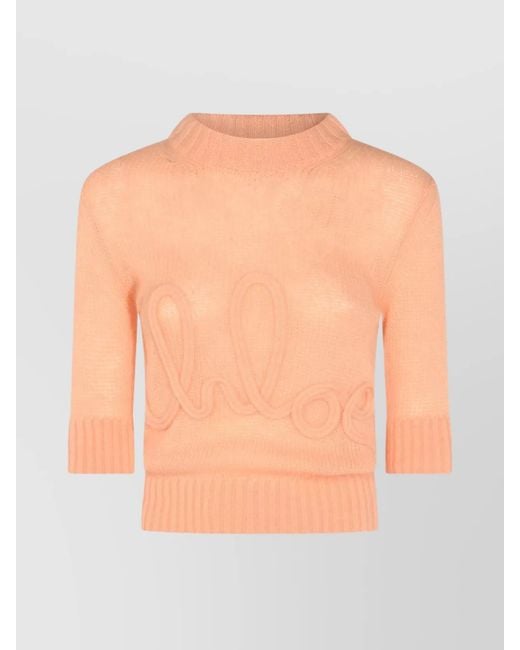 Chloé Gray Alpaca Wool Silk Logo Knit Elbow-Sleeve Jumper