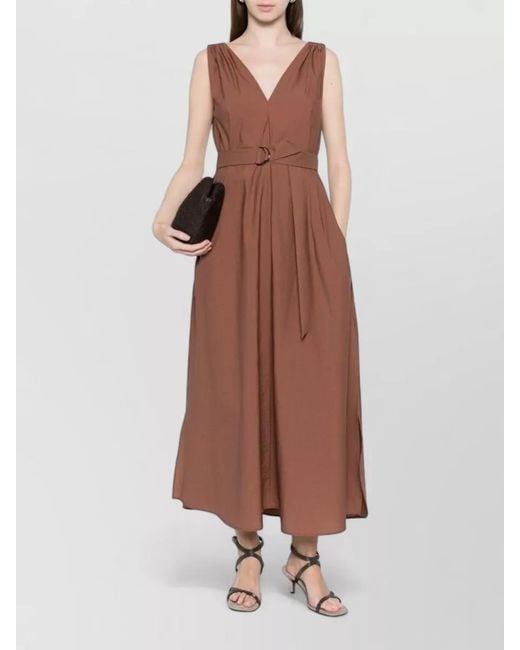 Brunello Cucinelli Brown Sleeveless Cotton Midi Dress Beaded Straps