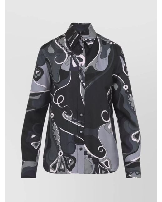 Emilio Pucci Gray Abstract Pattern Long Sleeve Silk Shirt