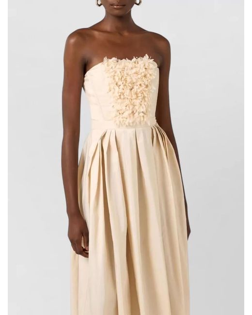 Elisabetta Franchi Natural Embroidered Sleeveless Sweetheart Neck Pleated Midi Dress