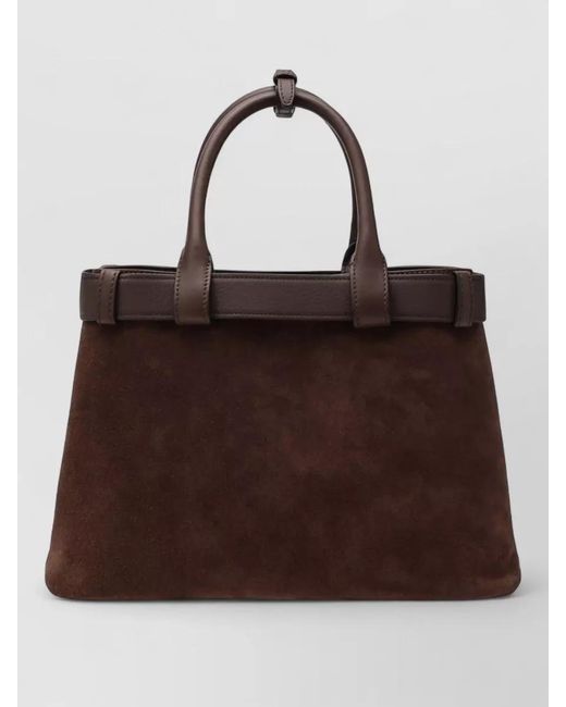 Prada Brown Tote Bag Buckle Detail Structured Shape Suede