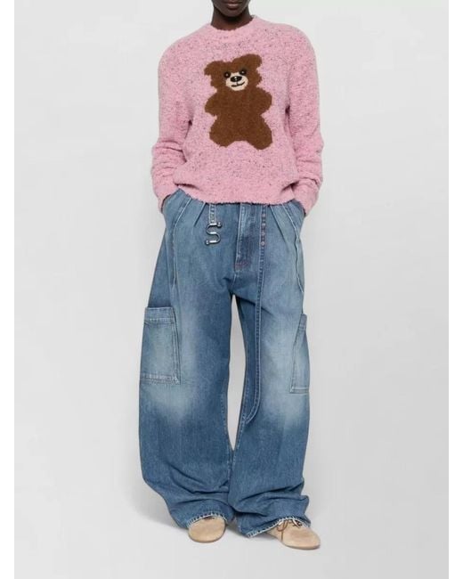 Moschino Pink Cropped Crew Neck Knit Sweater Bear Motif