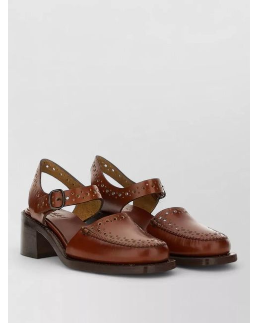 Hereu Brown Slingback Moccasin Sandals Block Heel Square Toe